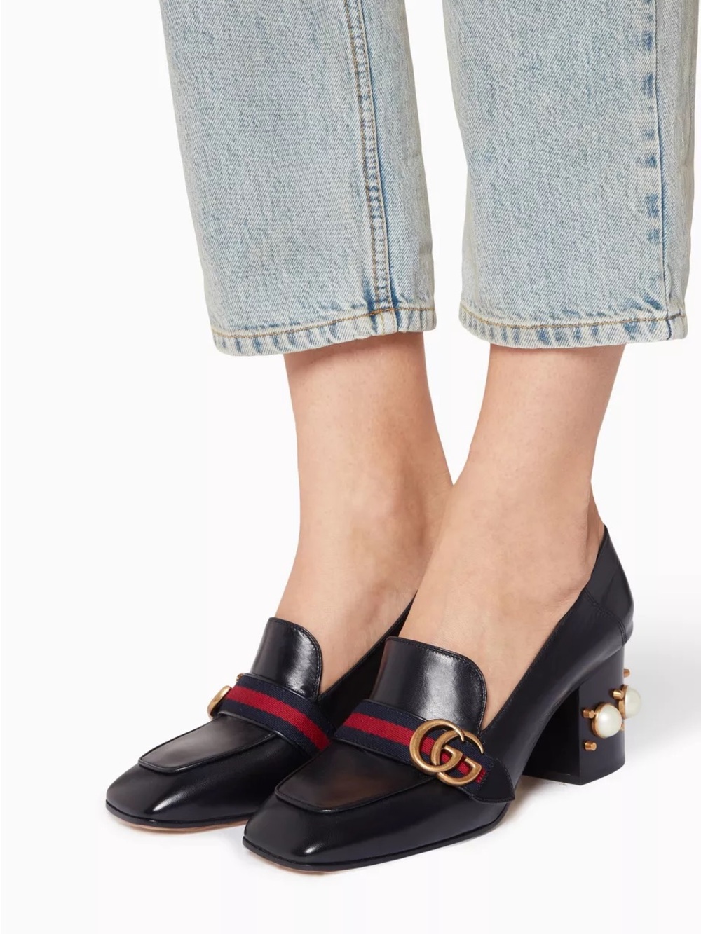 Gucci Black Leather Block Heel Loafers with Navy and Red Web